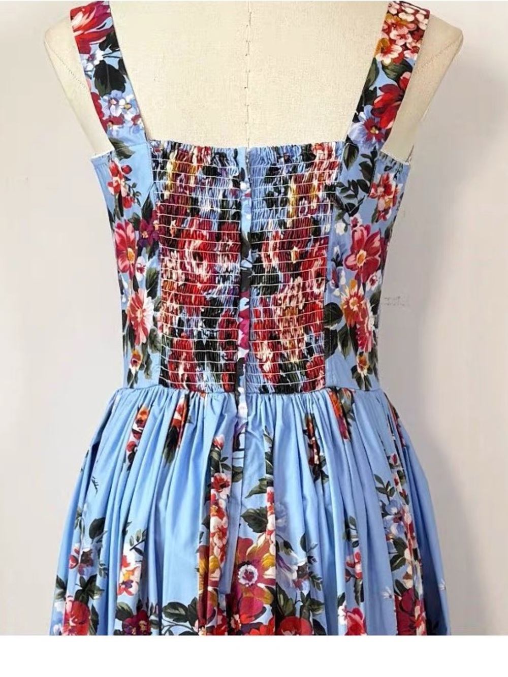 Luxury 100% Cotton Blue Floral Maxi Dress with Red Rose Print - Picture 6 of 14